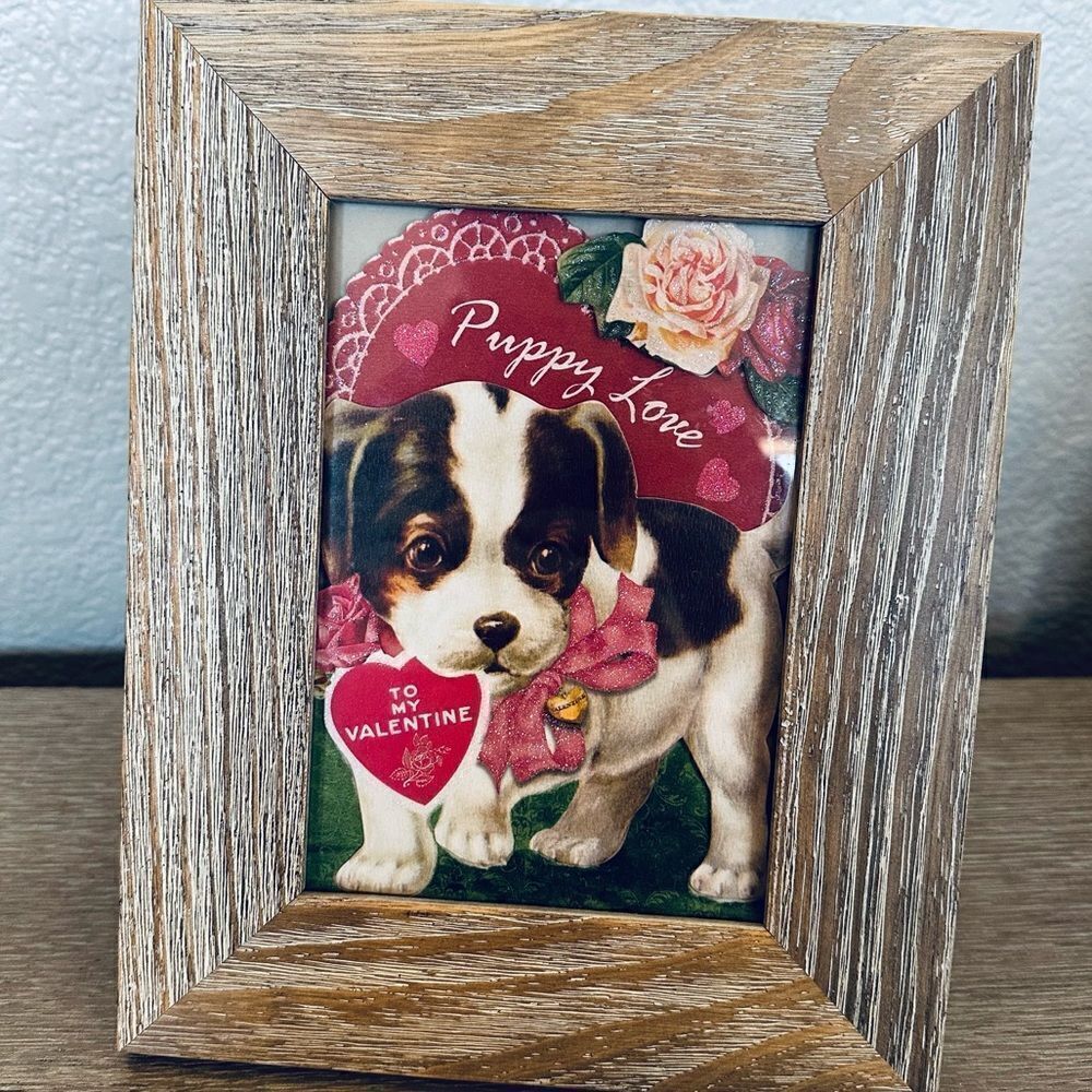 Vintage Valentine Puppy Love Dog Farmhouse Framed Art Decor